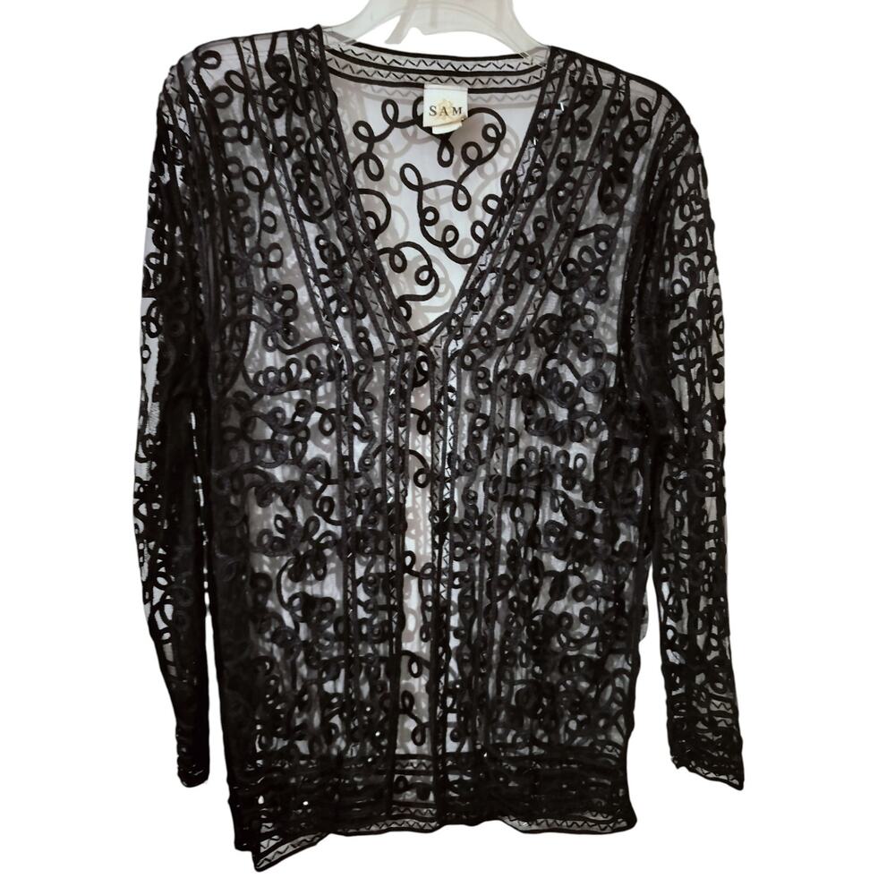 5917)Vtg 80s SAM USA Black 1X Whimsygoth Witch Sheer Mesh Rayon Evening Cardigan - Picture 2 of 10